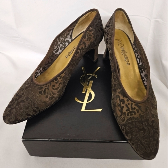 Saint Laurent Almond Toe Kitten Heels In Brown Suede And Velvet Mesh Size 9 - Picture 12 of 12